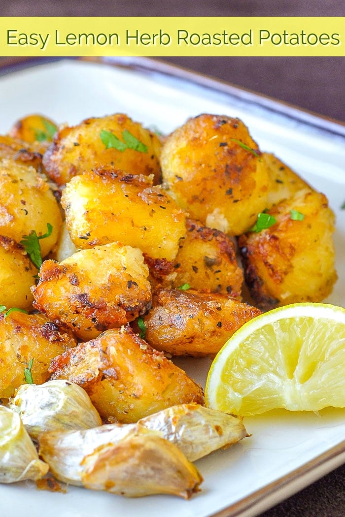 Lemon Herb Roasted Potatoes close up shot with title text for Pinterest