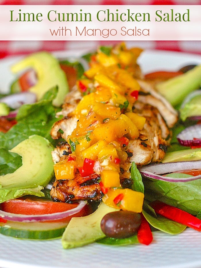 Lime Cumin Chicken Salad with Mango Salsa photo with title text for Pinterest