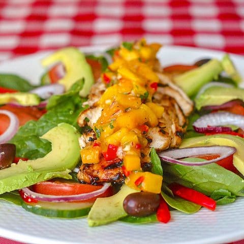 Lime Cumin Grilled Chicken Salad with Avocado and Mango Salsa photo of a single serving on a white plate