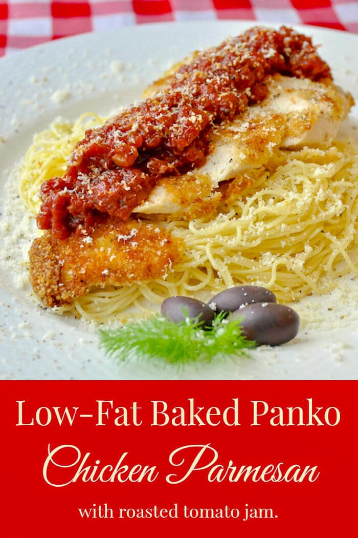 Low Fat Baked Panko Chicken Parmesanphoto including title text for Pinterest