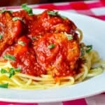 Low Fat Smoky Barbecue Turkey Spaghetti and Meatballs close up image on white plate