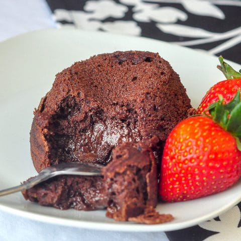 Molten Chocolate Mousse Cake broken open to see soft centre