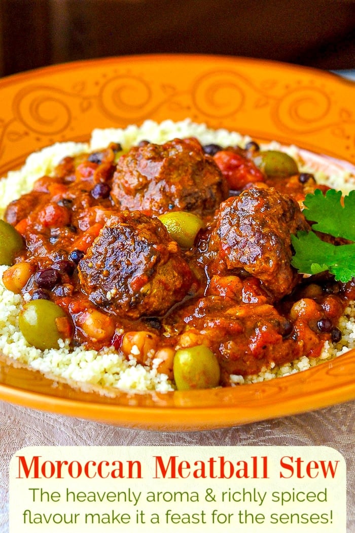 Moroccan Meatball Stew photo with title text added for Pinterest