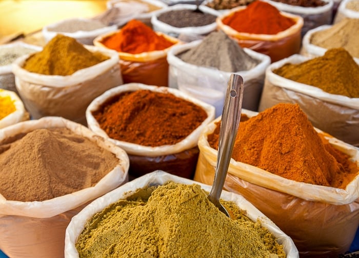 Moroccan Spices in cloth bags at an open market