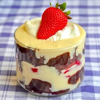 Neapolitan Trifle single serving in a clear glass dish