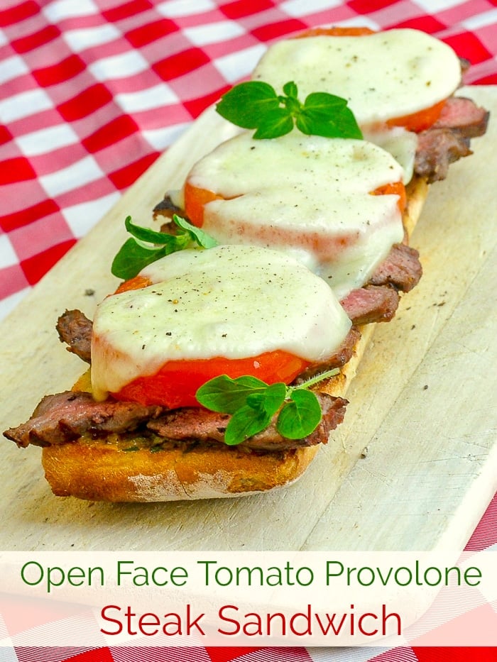 Open Face Tomato Provolone Steak Sandwich photo with title text for Pinterest