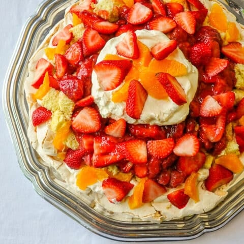 Orange Strawberry Pavlova Shortcake close up overhead photo