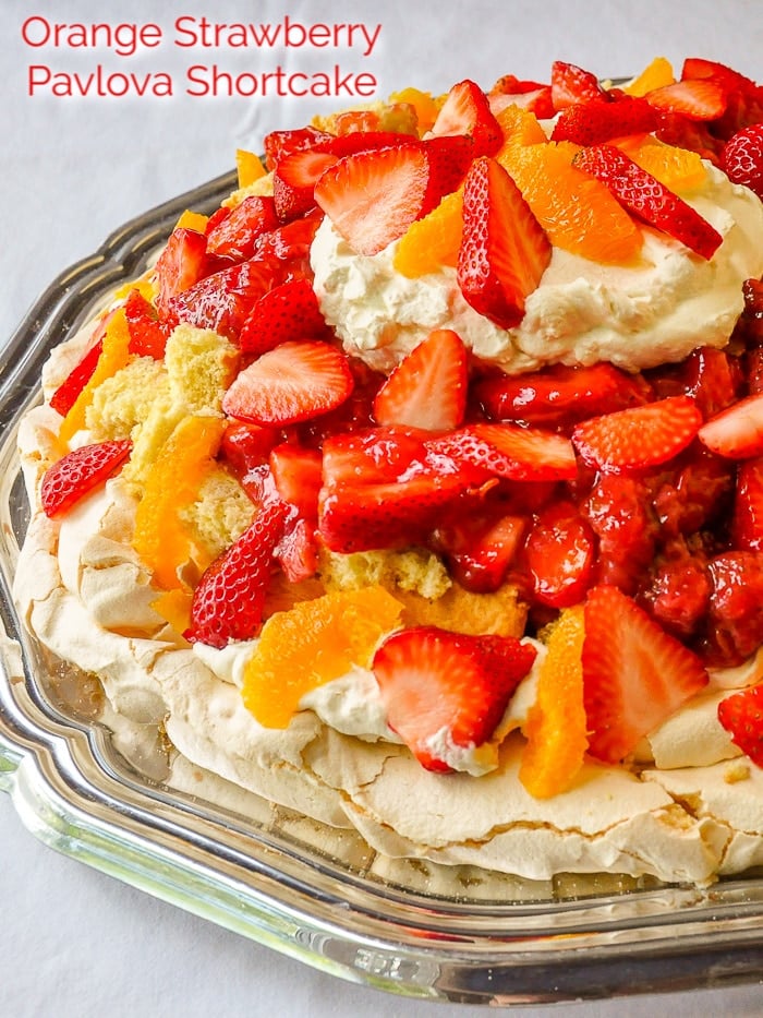 Orange Strawberry Pavlova Shortcake photo with title text added for Pinterest