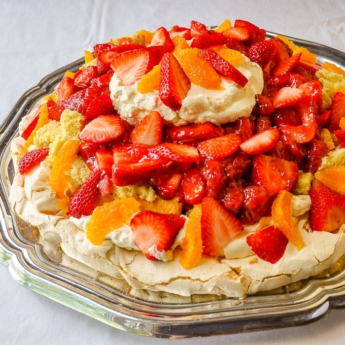 Orange Strawberry Pavlova Shortcake shown from the side