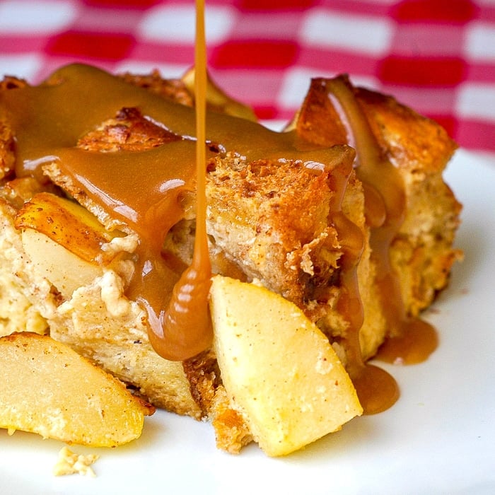 Spiced Pear Bread Pudding close up photo of a singe serving