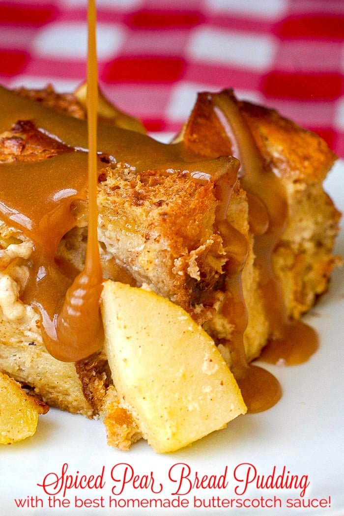 Spiced Pear Bread Pudding photo with title text added for Pinterest