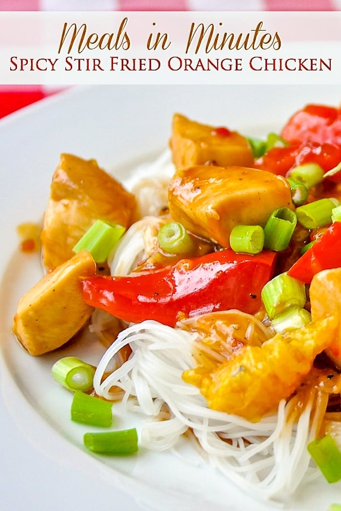 Spicy Stir Fried Orange Chicken photo with title text added for Pinterest