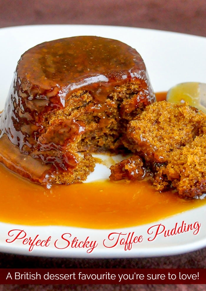 Sticky Toffee Pudding close up photo of a single serving with title text added for Pinterest