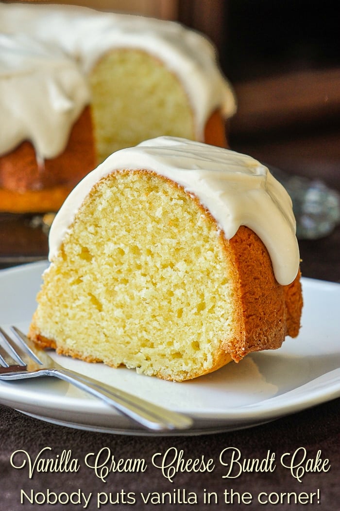 Vanilla Cream Cheese Bundt Cake photo of a singe slice with title text added for Pinterest