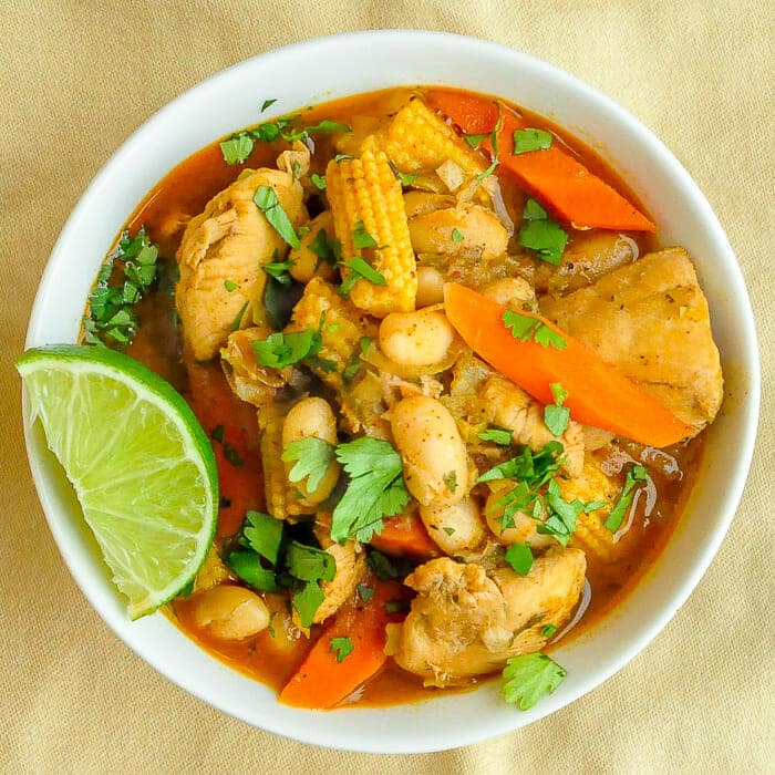 White Bean Chicken Chili featured image . Photo of one filled bowl.