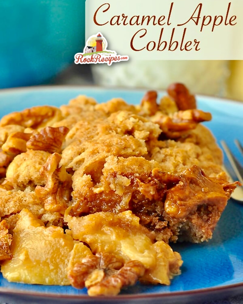 Caramel Apple Cobbler photo with title text added for social media posts.