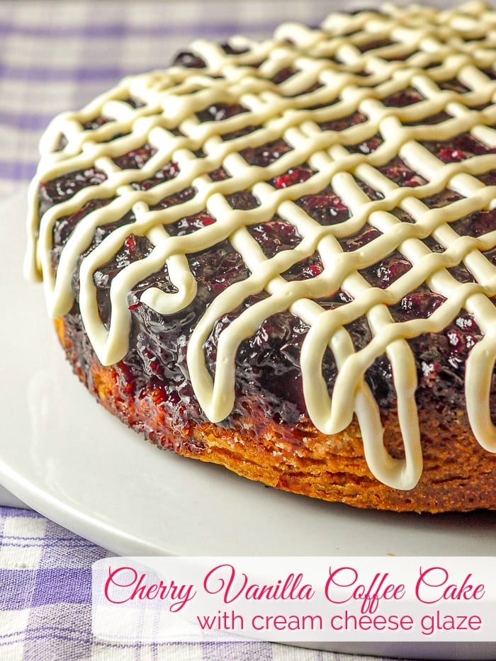 Cherry Vanilla Coffee Cake photo of uncut cake with title text added for Pinterest