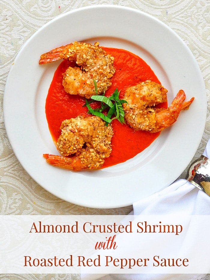 Almond Crusted Shrimp with Roasted Red Pepper Sauce image with title text added for Pinterest.