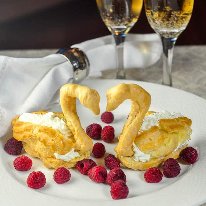 Profiterole Swans with Chantilly Cream and Raspberries