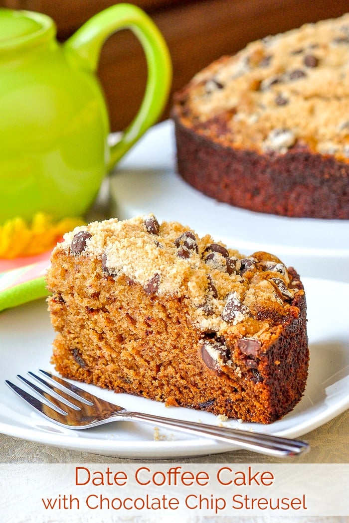 Date Coffee Cake with Chocolate Chip Streusel photo with title text for Pinterest