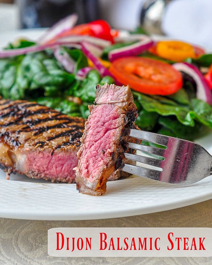 Dijon Balsamic Marinated Steak photo with title text for Pinterest