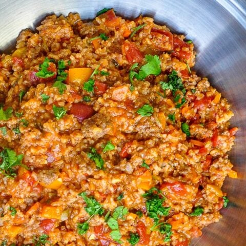 Low Fat Turkey Sausage and Brown Rice close up overhead photo