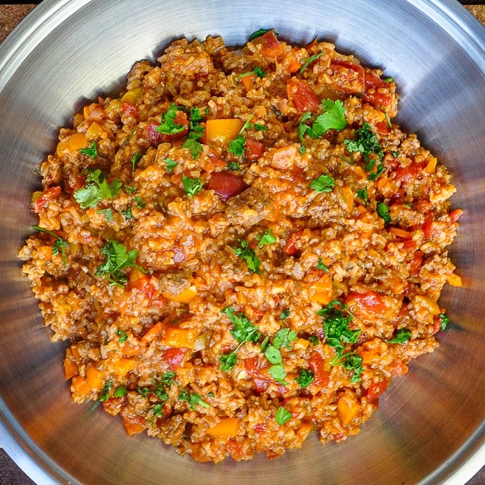 Low Fat Turkey Sausage and Brown Rice shown completely cooked in a wok