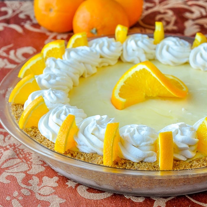 Orange Creamsicle Pie close up photo of entire finished pie