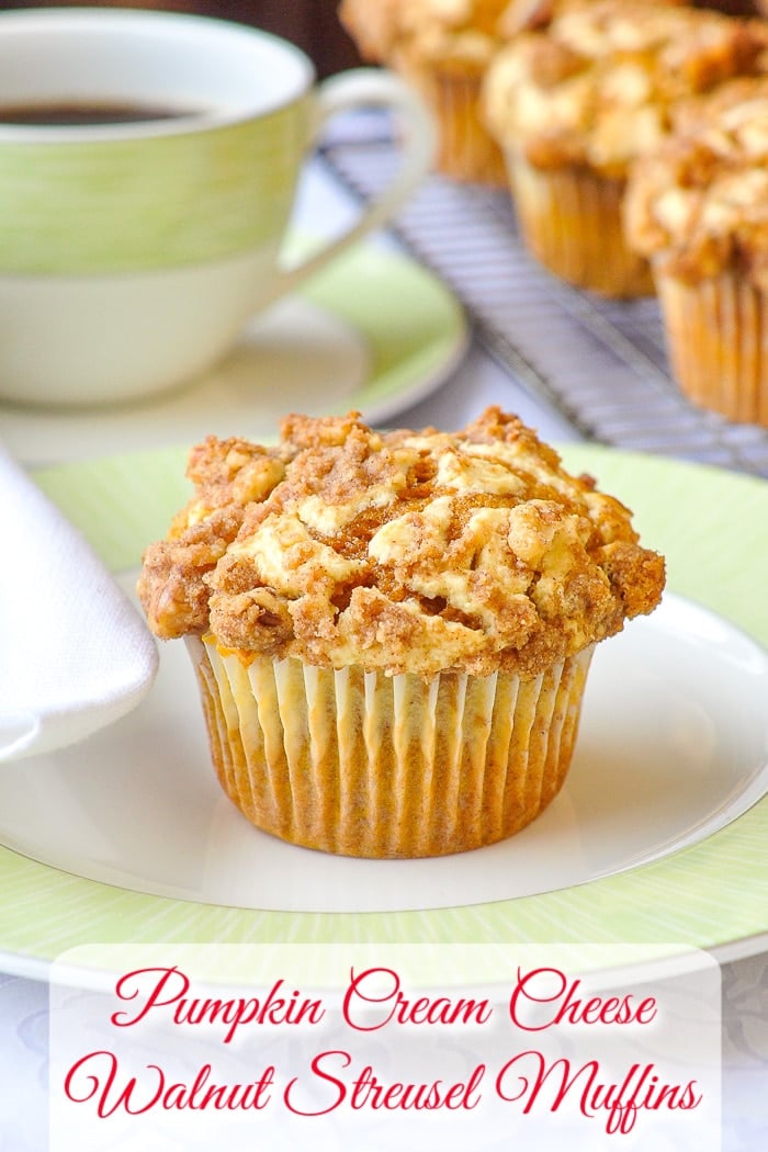 Pumpkin Cream Cheese Walnut Streusel Muffins photo with title text added for Pinterest