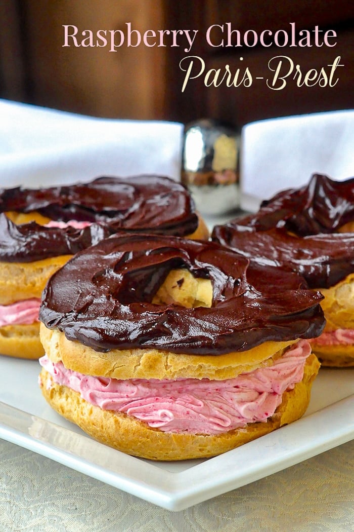 Raspberry Chocolate Paris Brest photo with title text added for Pinterest