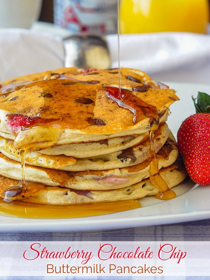 Strawberry Chocolate Chip Buttermilk Pancakes photo with title text added for Pinterest