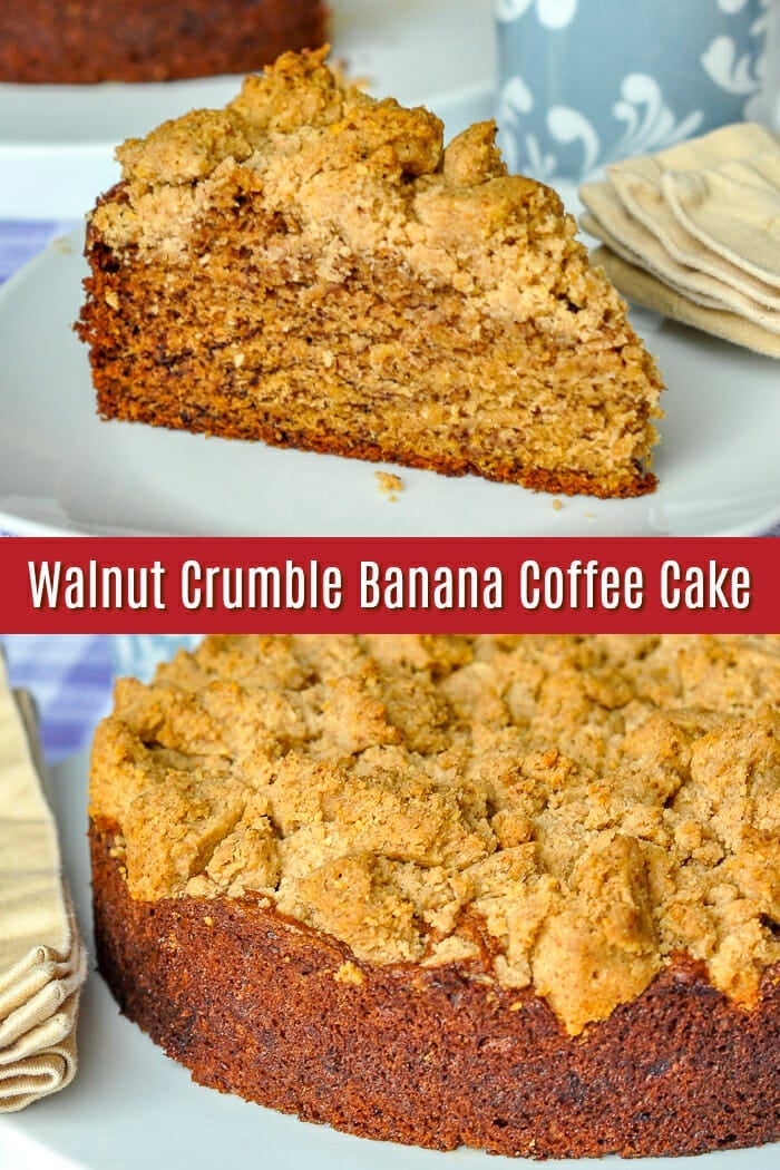 Walnut Crumble Banana Coffee Cake image with title text for Pinterest