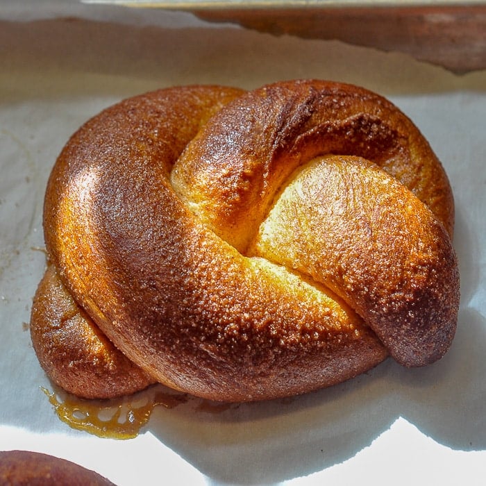 Brioche Cinnamon Knots in the morning sunshine after coming out of the oven