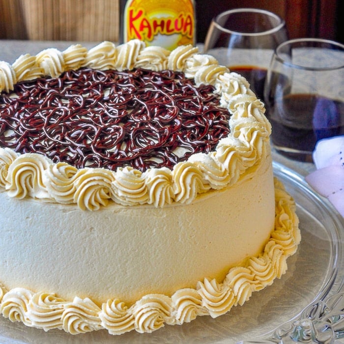 Chocolate Filled Kahlua Tiramisu Cake close up photo of uncut finished cake