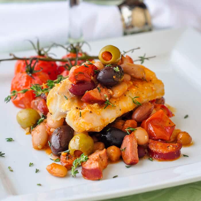 Baked Cod with 5 Beans & Chorizo