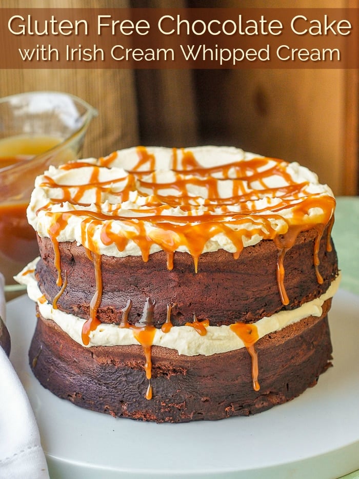 Gluten Free Chocolate Cake with Irish Cream Whipped Cream photo with title text for Pinterest