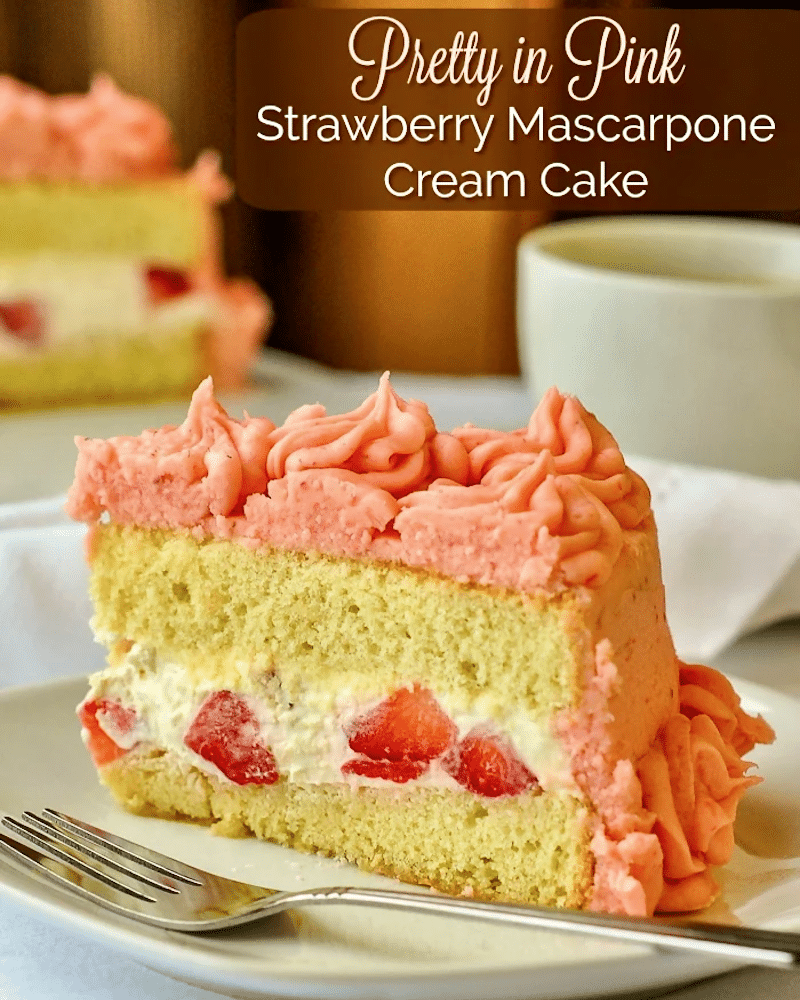 Strawberry Mascarpone Cream Cake photo with title text overlay for social media posts.