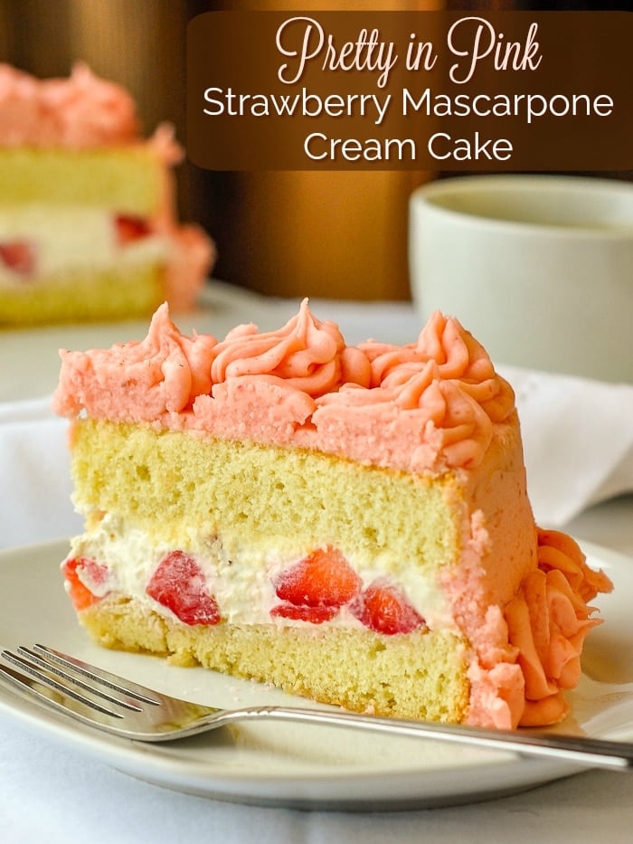 Strawberry Mascarpone Cream Cake photo with title text overly for Pinterest