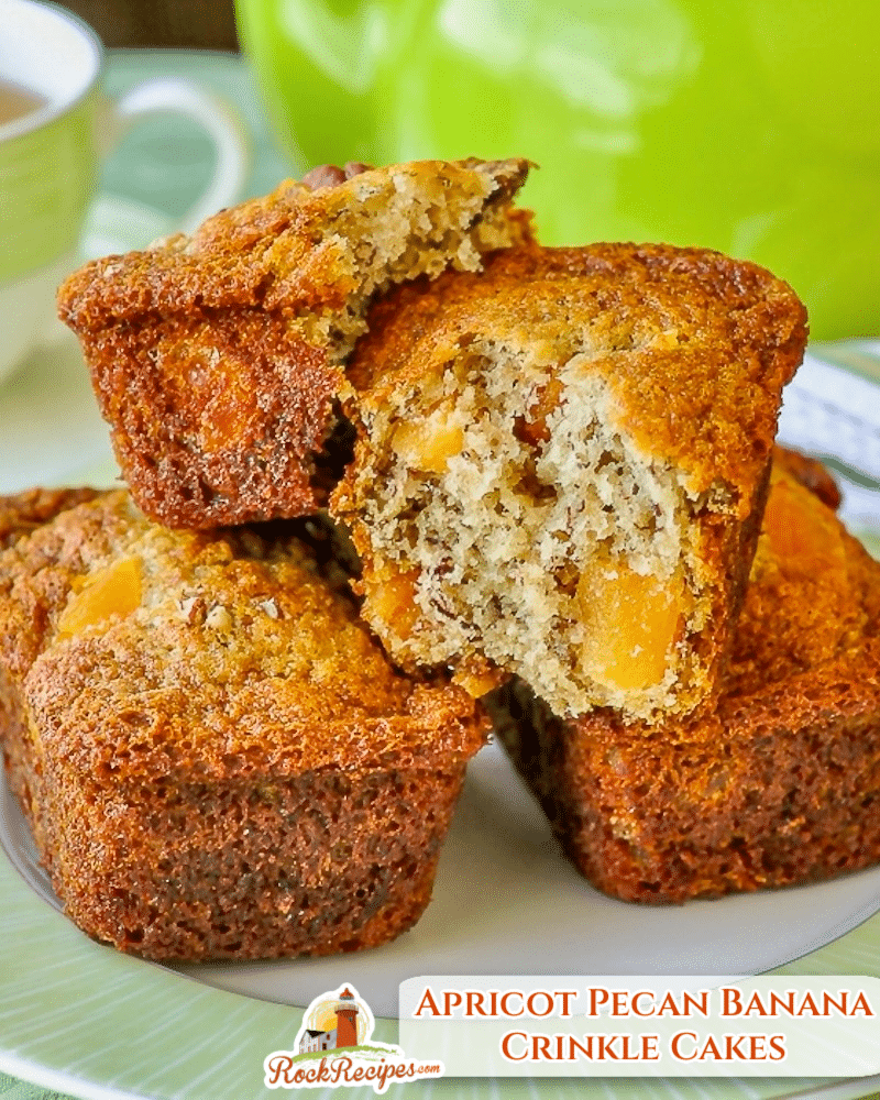 Apricot Pecan Banana Crinkle Cakes photo with title text added for social media posts.
