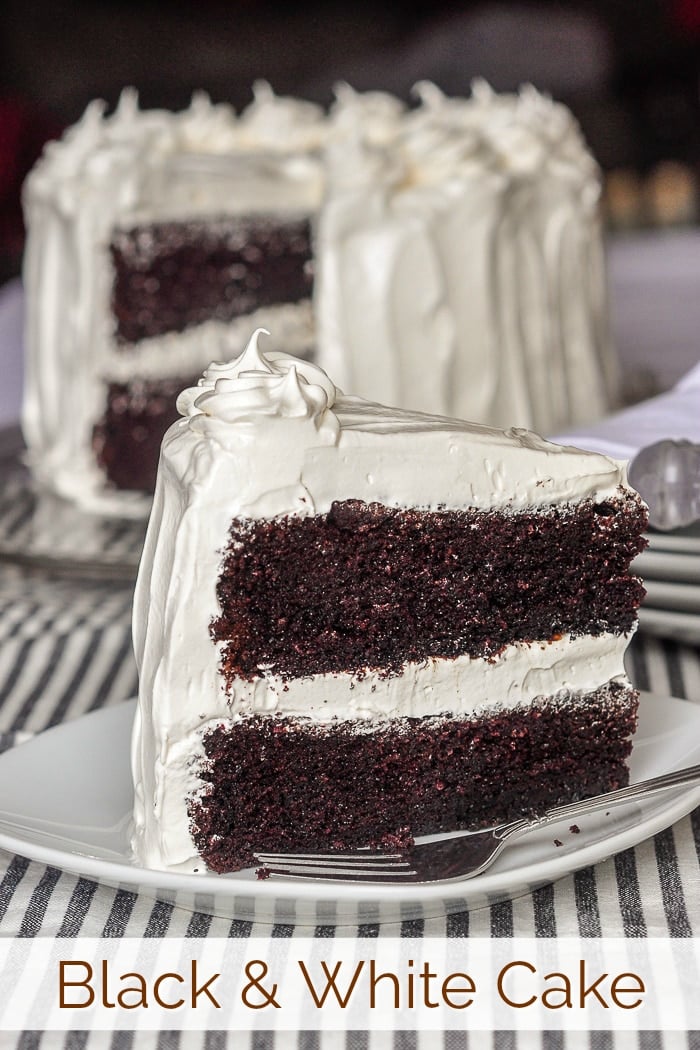 Black and White Cake photo with title text for Pinterest