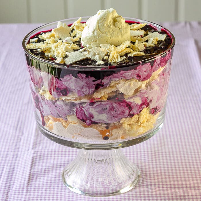 Blueberry Eton Mess wide shot in a pedestal trifle dish.