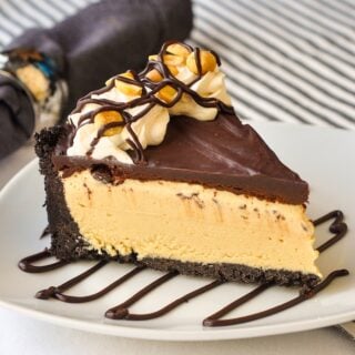 Frozen Peanut Butter Cup Pie photo of a single slice on a white plate