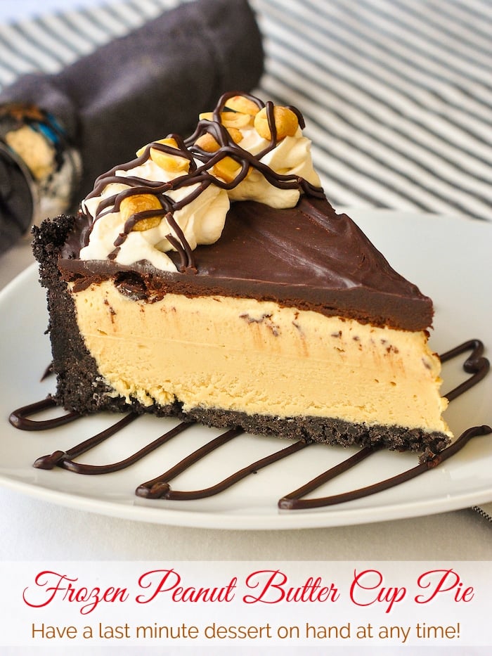 Frozen Peanut Butter Cup Pie photo of a single slice with title text added for Pinterest