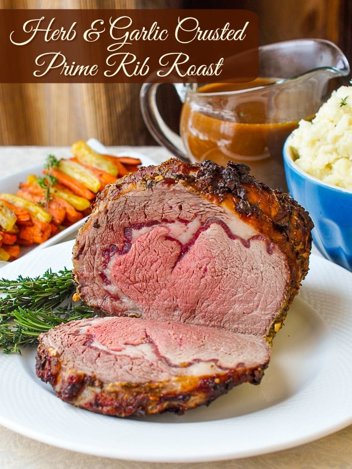 Herb and Garlic Crusted Prime Rib Roast photo with title text for Pinterest