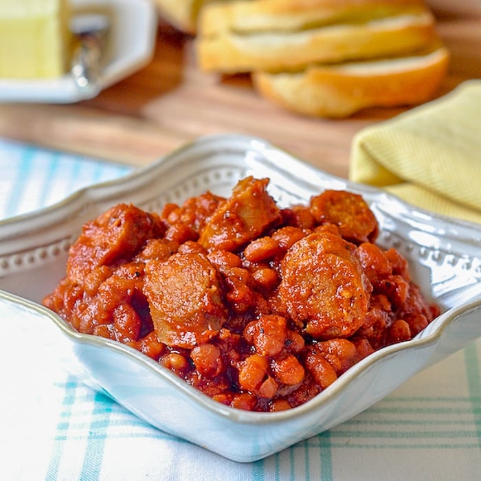 Maple Baked Beans with Apple Sausage close up photo