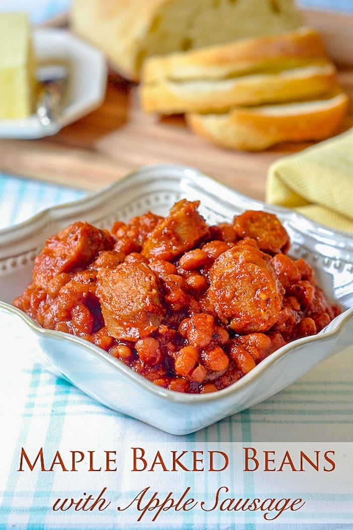 Maple Baked Beans with Apple Sausage photo with title text for Pinterest