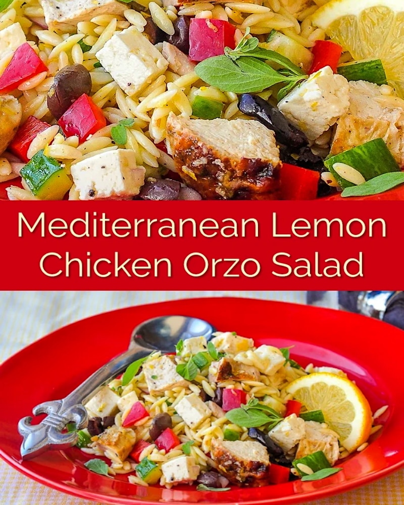 Mediterranean Lemon Chicken Orzo Salad image collage for social media.