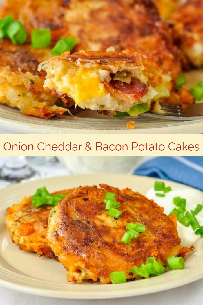 Onion Cheddar and Bacon Potato Cakes image with title text for Pinterest