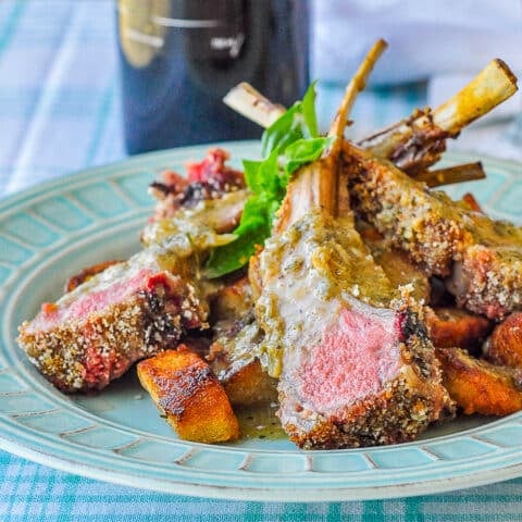 Parmesan Panko Crusted Rack of Lamb cloze up featured image