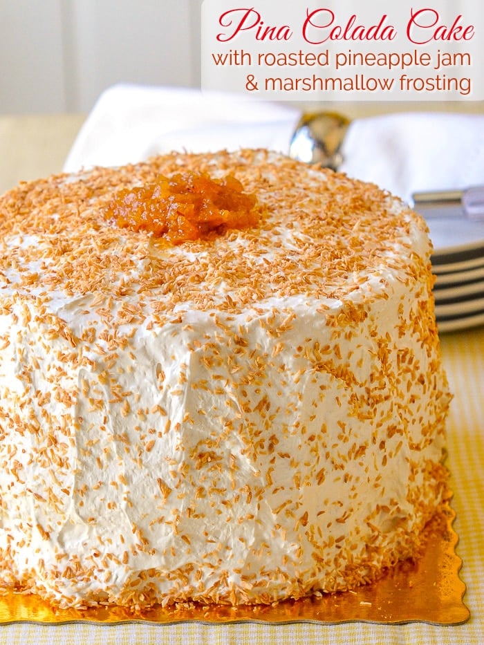 Pina Colada Cake photo of finished uncut cake with title text added for Pinterest